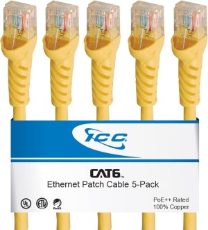 ICC CAT6 ईथरनेट पैच कॉर्ड 10 फ़ीट 5-पैक, UTP 24 AWG UL सूचीबद्ध, PoE++, डेटा सेंटर, कार्यालय और घर के लिए नेटवर्क स्विच के लिए पैच पैनल के लिए 100% स्ट्रैंडेड कॉपर स्नैगलेस पैच केबल, 10 फ़ीट पीला