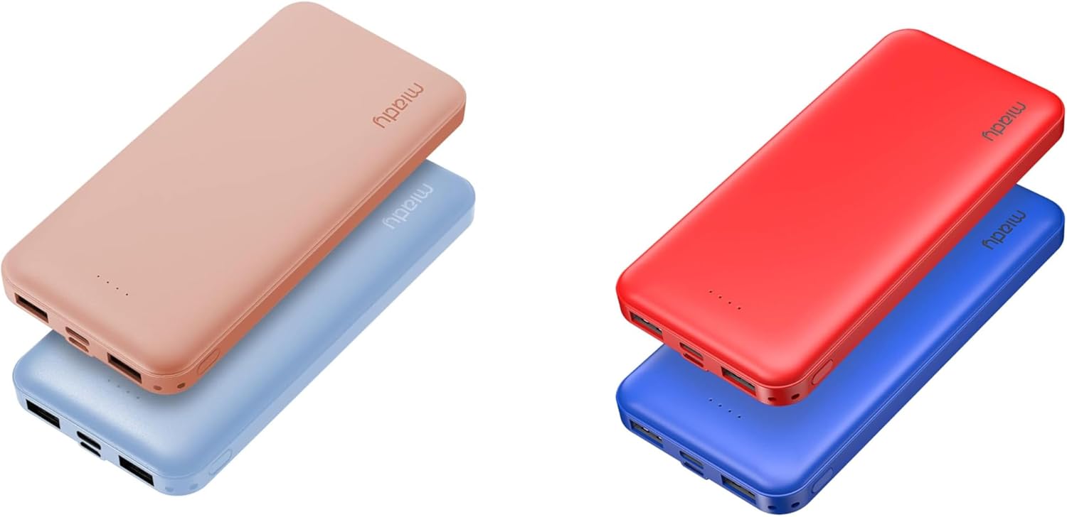 Miady 4-पैक 10000mAh डुअल USB पोर्टेबल चार्जर, USB-C फ़ास्ट चार्जिंग पावर बैंक, स्लिम बैकअप चार्जर बैटरी पैक iPhone 16/15/14/13 Galaxy S24/22 iPad Android आदि के साथ कम्पैटिबल