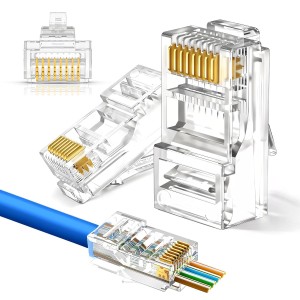 मोंक केबल्स | हेवी-ड्यूटी RJ45 कनेक्टर | CAT6 | पास-थ्रू | 10 का पैक | 30µ मोटी गोल्ड-प्लेटिंग | सटीक 3-पॉइंट प्रकार के संपर्क